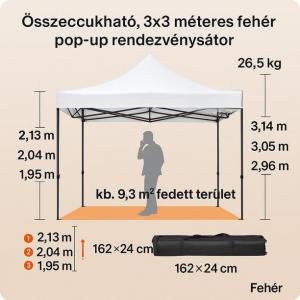 Összecsukható, 3x3 méteres  pop-up rendezvénysátor, oldalfalakkal kék