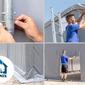 Outlander raktársátor ponyva csarnok 4x12m 3,00 m oldalmagasság, felhúzható kapuval, ponyva PVC szürke