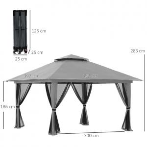 Pavilon, Pergola  4x4m állítható magasságú, összecsukható  levehető hálós oldalfalakkal, szellőzőtetővel, homokzsákokkal,  hordtáskával sötétszükre