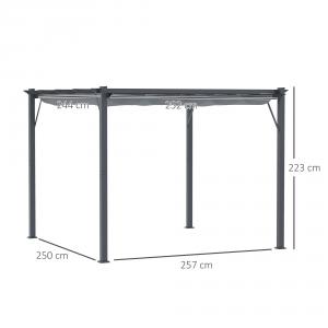 Pergola 3 × 3 m tolótetővel, porszórt alumínium vázzal, vízlepergető tetővel, sötétszürke színben