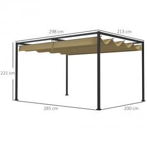 Pergola 3x2 m – állítható tolótetővel,  fém kerti pavilon khaki szín