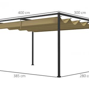 Pergola 4x3 m – állítható tolótetővel, fém kerti pavilon khaki színben
