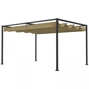 Pergola és kerti pavilon 4 × 3 m, khaki színben, állítható sínrendszeres tolótetővel, UV-álló és vízlepergető poliészter ponyvával, stabil porszórt acélvázzal
