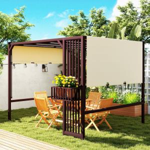 Pergola pavilon 3 × 2,5 m, állítható tolótetővel és UV 30+ napvédelemmel ,virágtartóval  – sötétbarna