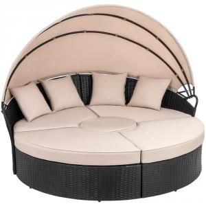 Polyrattan luxus napozó ülőgarnitúra napozóágy rattan kerti sziget heverő 184 x 141 cm fekete