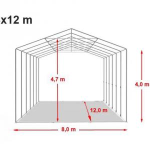 Ponyvacsarnok, raktársátor, ipari sátor 8 × 12 m – 96 m², 4,00 m oldalmagassággal, felhúzható kapuval, szürke PVC ponyvával és extra megerősített horganyzott acélszerkezettel