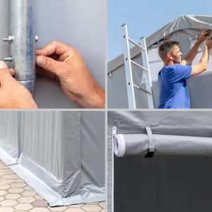 Ponyvacsarnok, raktársátor, ipari sátor 8 × 16 m – 128 m², 4,00 m oldalmagassággal, felhúzható kapuval, tetőablakos PRIMEtex PVC ponyvával és extra megerősített horganyzott acélszerkezettel