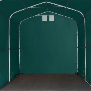 Ponyvagarázs, sátorgarázs 4x8m m ponyva tűzálló PVC 2300  kapu mérete 3,5x3,5 m zöld