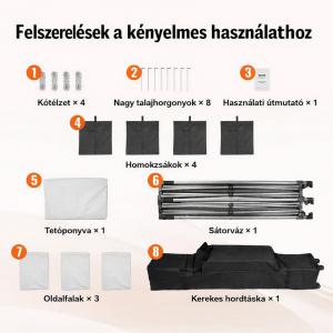 Pop-up összecsukható, 3x3 méteres fehér rendezvénysátor, 3 db oldalfallal,  hordozótáskával és homokzsákokkal