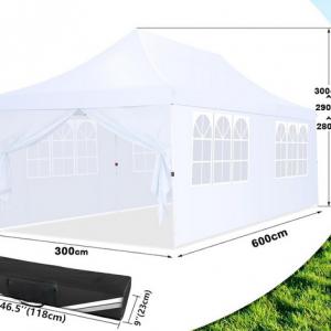 Pop-up  összecsukható pavilon 3 × 6 m – vízálló, stabil, UV-védett kerti rendezvénysátor 6db  oldalfallal 18,00 m² fehér