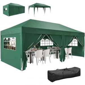 Pop-up összecsukható pavilon 3 × 6 m, zöld, 6 db levehető oldalfallal, vízlepergető és UV-védett Oxford ponyvával, porfestett acélvázzal, vízelvezető nyílásokkal, rögzítőkötelekkel, hordozótáskával