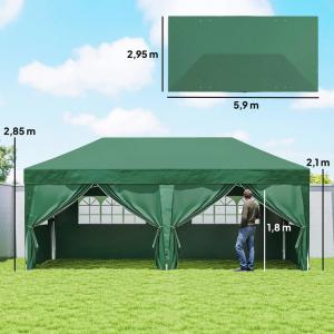Pop-up összecsukható pavilon 3 × 6 m, zöld, 6 db levehető oldalfallal, vízlepergető és UV-védett Oxford ponyvával, porfestett acélvázzal, vízelvezető nyílásokkal, rögzítőkötelekkel, hordozótáskával
