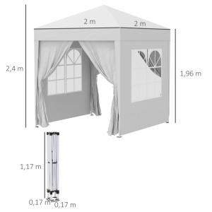 Pop-up összecsukható pavilon és rendezvénysátor 2 × 2 m, fehér, 4 db levehető oldalfallal, vízálló és UV-álló Oxford poliészter ponyvával, stabil porfestett acélvázzal és hordozótáskával