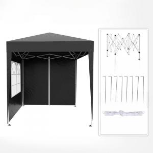 Pop-up összecsukható pavilon és rendezvénysátor 2 × 2 m, fehér, 4 db levehető oldalfallal, vízálló és UV-álló Oxford poliészter ponyvával, stabil porfestett acélvázzal és hordozótáskával