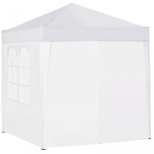 Pop-up összecsukható pavilon és rendezvénysátor 2 × 2 m, fehér, 4 db levehető oldalfallal, vízálló és UV-álló Oxford poliészter ponyvával, stabil porfestett acélvázzal és hordozótáskával