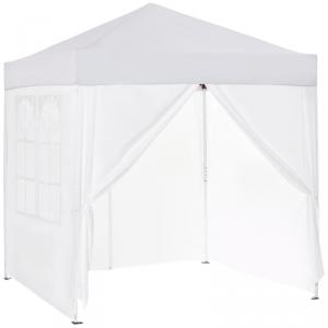 Pop-up összecsukható pavilon és rendezvénysátor 2 × 2 m, fehér, 4 db levehető oldalfallal, vízálló és UV-álló Oxford poliészter ponyvával, stabil porfestett acélvázzal és hordozótáskával