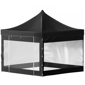 Pop-up összecsukható pavilon és rendezvénysátor 3 × 3 m, 9 m², fekete, 240 g/m²-es PVC-bevonatú tetőponyvával, 4 db átlátszó panoráma-oldalfallal,  állítható magasságú vázzal és görgős hordozótáskával