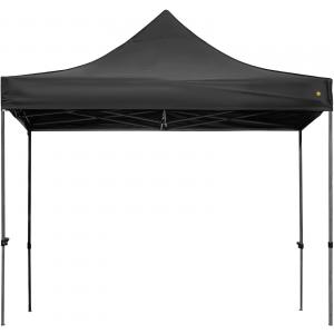 Pop-up összecsukható pavilon és rendezvénysátor 3 × 3 m, 9 m², fekete, 240 g/m²-es PVC-bevonatú tetőponyvával, 4 db átlátszó panoráma-oldalfallal,  állítható magasságú vázzal és görgős hordozótáskával