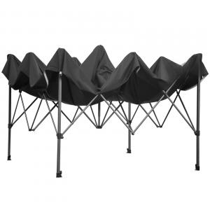 Pop-up összecsukható pavilon és rendezvénysátor 3 × 3 m, 9 m², fekete, 240 g/m²-es PVC-bevonatú tetőponyvával, 4 db átlátszó panoráma-oldalfallal,  állítható magasságú vázzal és görgős hordozótáskával