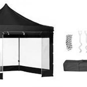 Pop-up összecsukható pavilon és rendezvénysátor 3 × 3 m, 9 m², fekete, 240 g/m²-es PVC-bevonatú tetőponyvával, 4 db átlátszó panoráma-oldalfallal,  állítható magasságú vázzal és görgős hordozótáskával