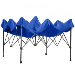 Pop-up összecsukható pavilon és rendezvénysátor 3 × 3 m, 9 m², kék, 240 g/m²-es PVC-bevonatú tetőponyvával, 4 db átlátszó panoráma-oldalfallal, állítható magasságú vázzal és görgős hordozótáskával