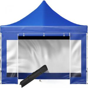 Pop-up összecsukható pavilon és rendezvénysátor 3 × 3 m, 9 m², kék, 240 g/m²-es PVC-bevonatú tetőponyvával, 4 db átlátszó panoráma-oldalfallal, állítható magasságú vázzal és görgős hordozótáskával