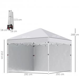 Pop-up összecsukható pavilon és rendezvénysátor 3 × 3 m, fehér Oxford vászonnal, 2 db levehető oldalfallal, UV 30+ védelemmel, 3 fokozatban állítható acélvázzal, homokzsákokkal és hordozótáskával