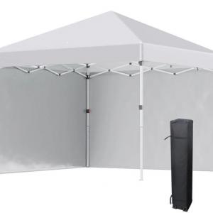Pop-up összecsukható pavilon és rendezvénysátor 3 × 3 m, fehér Oxford vászonnal, 2 db levehető oldalfallal, UV 30+ védelemmel, 3 fokozatban állítható acélvázzal, homokzsákokkal és hordozótáskával