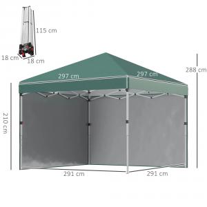 Pop-up összecsukható pavilon és rendezvénysátor 3 × 3 m, zöld, Oxford ponyvával, 2 db levehető oldalfallal, állítható acélvázzal, 4 db homokzsákkal,  földhorgonyokkal és hordozótáskával