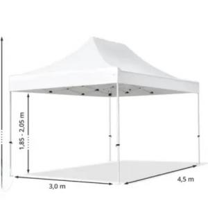 Pop-up összecsukható pavilon és rendezvénysátor 3 × 4,5 m, 13,5 m², fehér vízálló tetőponyvával, acélvázzal, oldalfalak nélkül