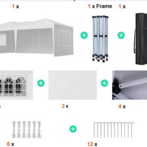 Pop-up összecsukható pavilon és rendezvénysátor 3 × 6 m, 18 m², fehér,  vízálló 210D Oxford ponyvával, 4 db oldalfallal, 2 db ablakkal, stabil acélvázzal és hordozótáskával