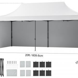 Pop-up összecsukható pavilon és rendezvénysátor 3 × 6 m, 18 m², fehér,  vízlepergető  PU-bevonatú ponyvával, levehető oldalfalakkal, acél vázzal, állítható magassággal és kerekes hordozótáskával