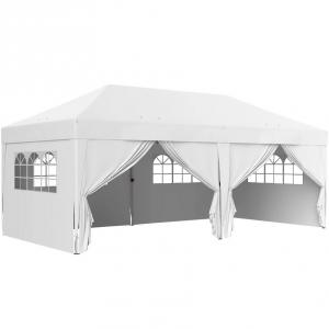 Pop-up összecsukható pavilon és rendezvénysátor 3 × 6 m, fehér, 6 db levehető oldalfallal, vízlepergett Oxford ponyvával, acélvázzal, vízelvezető nyílással, rögzítőkötelekkel, hordozótáskával