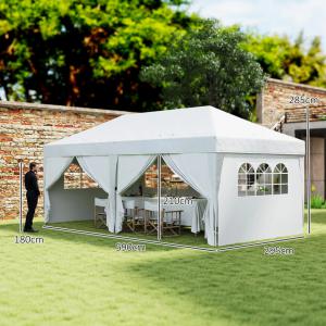 Pop-up összecsukható pavilon és rendezvénysátor 3 × 6 m, fehér, 6 db levehető oldalfallal, vízlepergett Oxford ponyvával, acélvázzal, vízelvezető nyílással, rögzítőkötelekkel, hordozótáskával