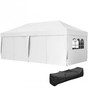 Pop-up összecsukható pavilon és rendezvénysátor 3 × 6 m, fehér, 6 db levehető oldalfallal, vízlepergett Oxford ponyvával, acélvázzal, vízelvezető nyílással, rögzítőkötelekkel, hordozótáskával