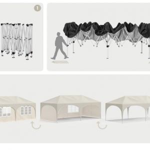 Pop-up összecsukható pavilon oldalfalakkal, 3 × 6 m, bézs színben, vízlepergető ponyvával és UV 50+ védelemmel