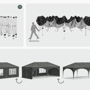 Pop-up összecsukható pavilon oldalfalakkal, 3 × 6 m, szürke színben, vízlepergető ponyvával és UV 50+ védelemmel