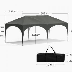Pop-up összecsukható pavilon oldalfalakkal, 3 × 6 m, szürke színben, vízlepergető ponyvával és UV 50+ védelemmel