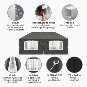 Pop-up összecsukható pavilon oldalfalakkal, 3 × 6 m, szürke színben, vízlepergető ponyvával és UV 50+ védelemmel