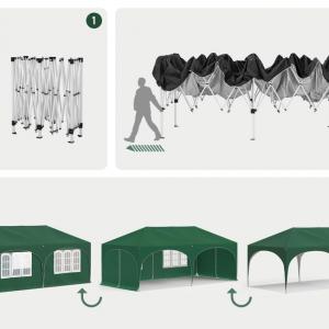 Pop-up összecsukható pavilon oldalfalakkal, 3 × 6 m, zöld színben, vízlepergető ponyvával és UV 50+ védelemmel