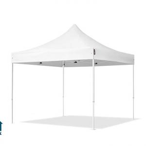 Pop-up összecsukható pavilon, rendezvény- és piaci sátor 3 × 3 m, 9 m², fehér PVC ponyvával, 2 db oldalfallal, 100%-ban vízálló kivitelben, stabil acélvázzal és 3 fokozatban állítható magassággal