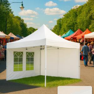 Pop-up összecsukható pavilon, rendezvény- és piaci sátor 3 × 3 m, 9 m², fehér PVC ponyvával, 2 db oldalfallal, 100%-ban vízálló kivitelben, stabil acélvázzal és 3 fokozatban állítható magassággal