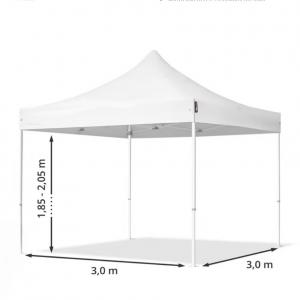 Pop-up összecsukható pavilon, rendezvénysátor piacisátor 3x3 m, PVC ponyva,  stabil acélszerkezet, állítható magasság, 100% vízálló, oldalfal nélkül, fehér