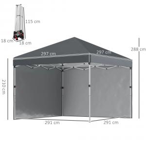 Pop-up  pavilon összecsukható rendezvénysátor  3x3 m 2db oldalfallal  tartozék hordozótáska és homokzsák (sötétszürke)