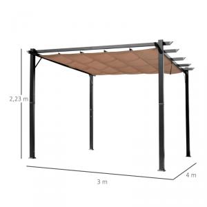 Prémium alumínium pergola állítható tetővel 3 × 4 m, krémszínű, UV-álló és vízálló poliészter tetőponyvával, rozsdamentes alumínium vázzal, 2,23 m teljes magassággal