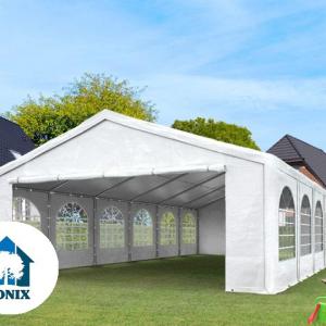 Premium rendezvénysátor és parti sátor 5 × 8 m – 40 m², fehér, vízálló PE ponyvával, stabil horganyzott acélvázzal