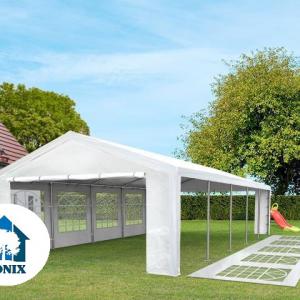 Premium rendezvénysátor és parti sátor 6 × 12 m – 72 m², fehér, vízálló PE ponyvával, horganyzott acélvázzal