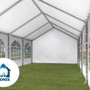 Premium rendezvénysátor és partisátor 3 × 6 m – 18 m², fehér, 100%-ban vízálló  PE ponyvával, stabil horganyzott acélvázzal