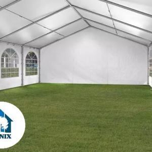 Premium rendezvénysátor és partisátor 3 × 9 m – 27 m², fehér, 100%-ban vízálló PE ponyvával, stabil horganyzott acélvázzal