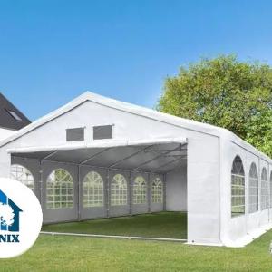 Premium rendezvénysátor és partisátor 5 × 10 m – 50 m², fehér PE ponyvával, erősített horganyzott acélvázzal, padlókerettel és tetőerősítéssel